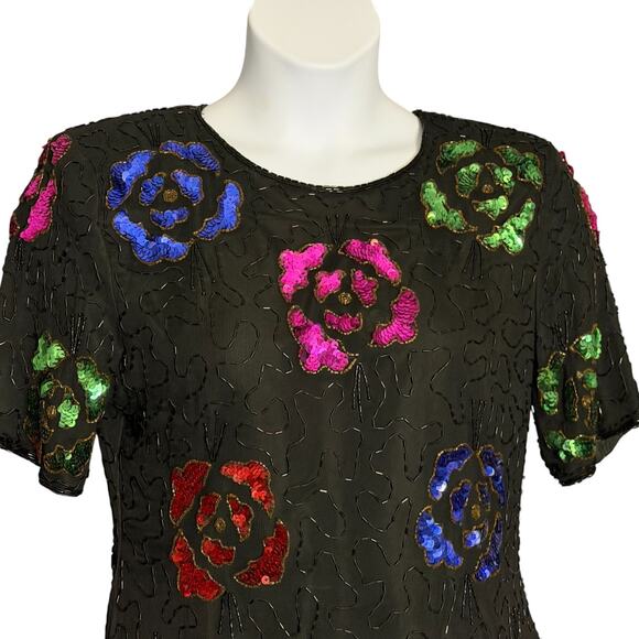 Vintage 80s Stenay Silk Beaded Sequin Top Sz L Floral Black Evening Party Retro - Picture 3 of 10